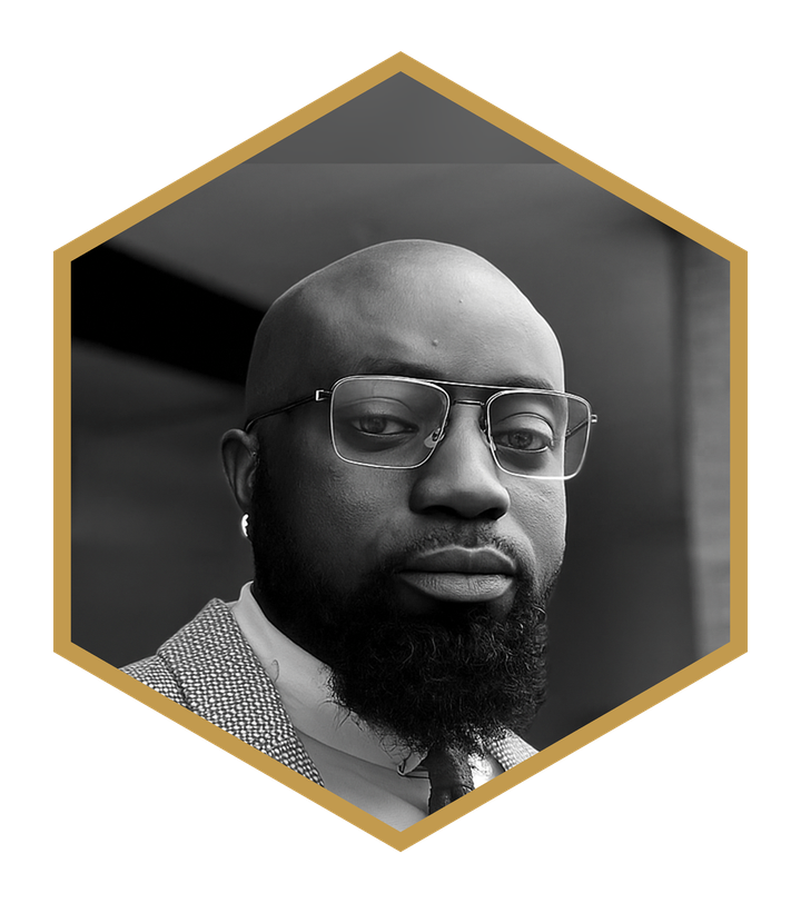 Kingsley A. Boateng in a black and white portrait, framed in the gold hexagon of the Marking Therapy logo